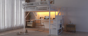 English Elm Queen Loft Bed with Desk Wardrobe Charging Station RGB Lights and Stair Storage W2580S00083