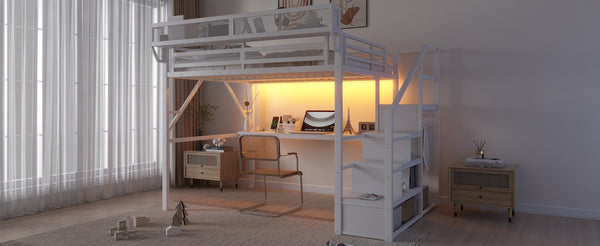 English Elm Queen Loft Bed with Desk Wardrobe Charging Station RGB Lights and Stair Storage W2580S00083