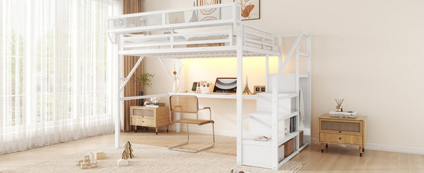 English Elm Queen Loft Bed with Desk Wardrobe Charging Station RGB Lights and Stair Storage W2580S00083