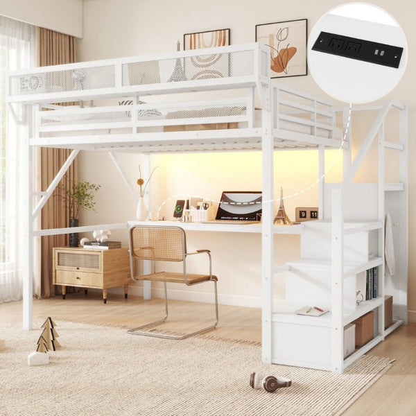 English Elm Queen Loft Bed with Desk Wardrobe Charging Station RGB Lights and Stair Storage W2580S00083