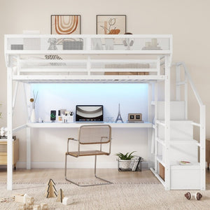 English Elm Queen Loft Bed with Desk Wardrobe Charging Station RGB Lights and Stair Storage W2580S00083