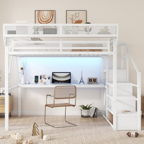 English Elm Queen Loft Bed with Desk Wardrobe Charging Station RGB Lights and Stair Storage W2580S00083