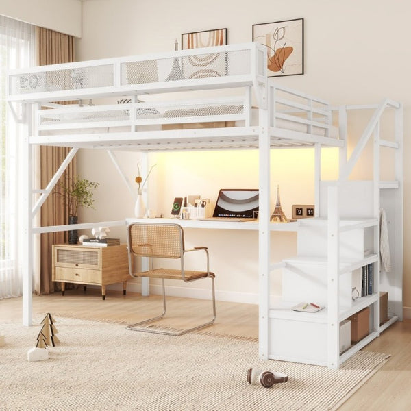 English Elm Queen Loft Bed with Desk Wardrobe Charging Station RGB Lights and Stair Storage W2580S00083