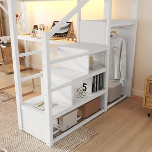 English Elm Queen Loft Bed with Desk Wardrobe Charging Station RGB Lights and Stair Storage W2580S00083