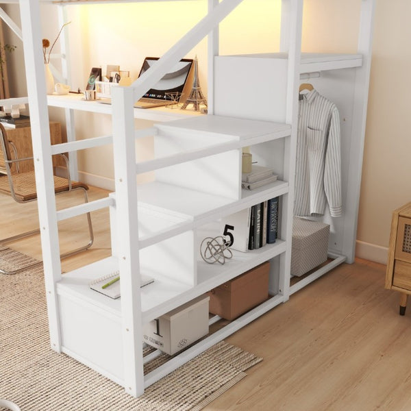 English Elm Queen Loft Bed with Desk Wardrobe Charging Station RGB Lights and Stair Storage W2580S00083