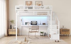 English Elm Queen Loft Bed with Desk Wardrobe Charging Station RGB Lights and Stair Storage W2580S00083