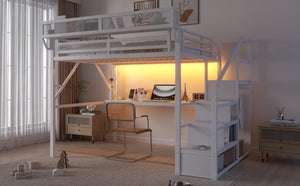 English Elm Queen Loft Bed with Desk Wardrobe Charging Station RGB Lights and Stair Storage W2580S00083
