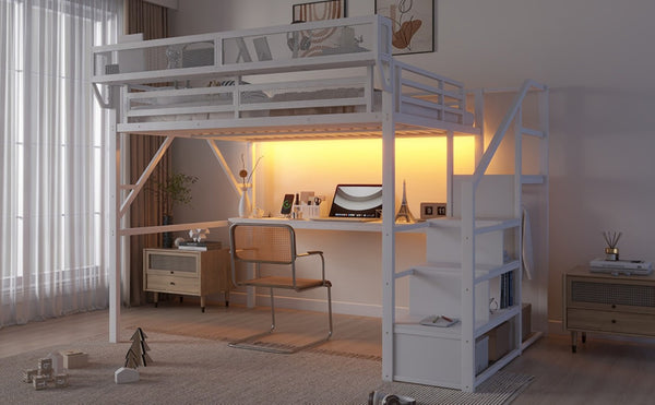 English Elm Queen Loft Bed with Desk Wardrobe Charging Station RGB Lights and Stair Storage W2580S00083