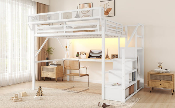 English Elm Queen Loft Bed with Desk Wardrobe Charging Station RGB Lights and Stair Storage W2580S00083