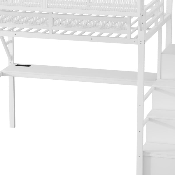 English Elm Full Metal Loft Bed with Desk Wardrobe Charging Station and RGB Lighting for Teens W2580S00084