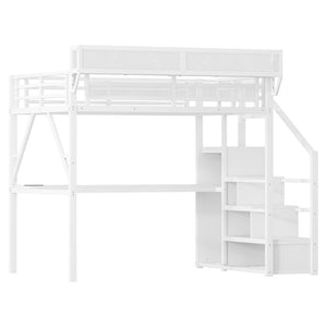 English Elm Full Metal Loft Bed with Desk Wardrobe Charging Station and RGB Lighting for Teens W2580S00084