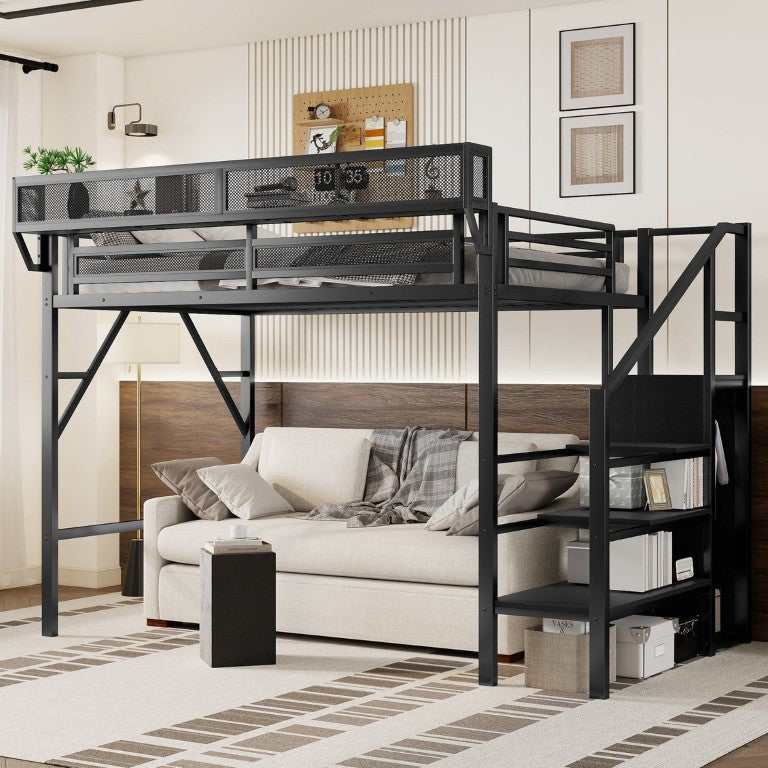 English Elm Twin XL Metal Loft Bed with Staircase Wardrobe and Storage Shelf for Teen Rooms Black - B W2580S00087