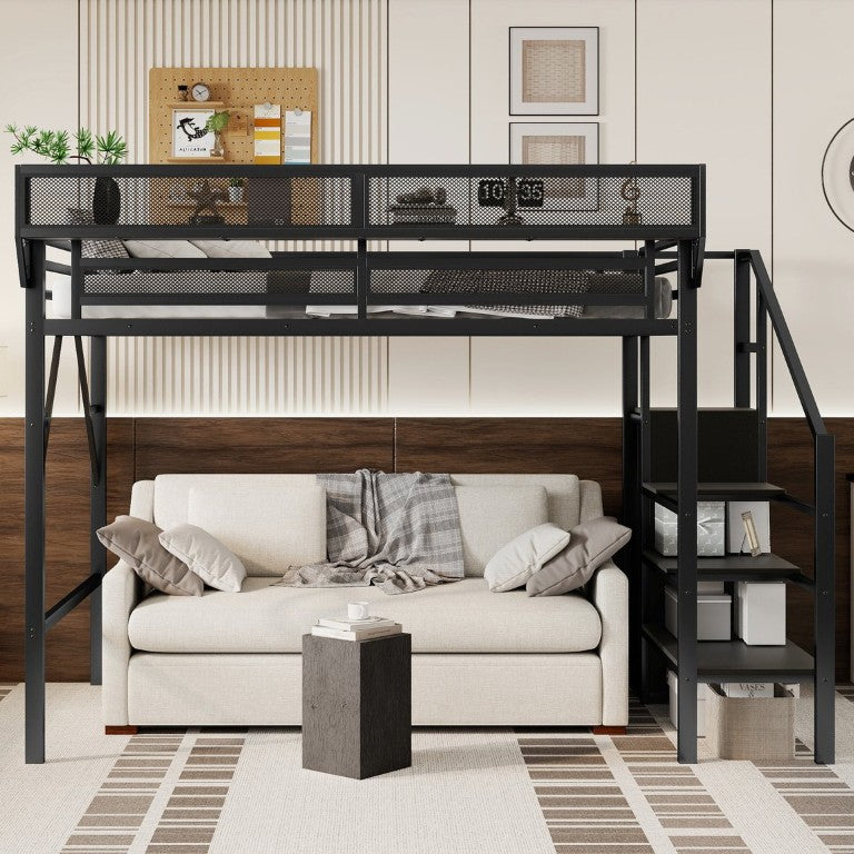 English Elm Twin XL Metal Loft Bed with Staircase Wardrobe and Storage Shelf for Teen Rooms Black - B W2580S00087