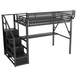 English Elm Full Metal Loft Bed with Storage Stairs Desk Charging Station and RGB Lighting W2580S00092