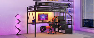 English Elm Full Metal Loft Bed with Storage Stairs Desk Charging Station and RGB Lighting W2580S00092