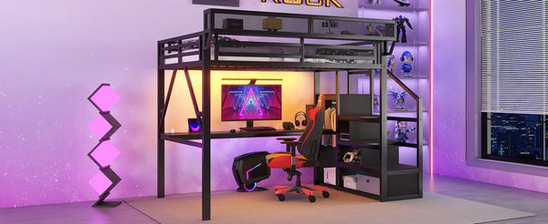 English Elm Full Metal Loft Bed with Storage Stairs Desk Charging Station and RGB Lighting W2580S00092