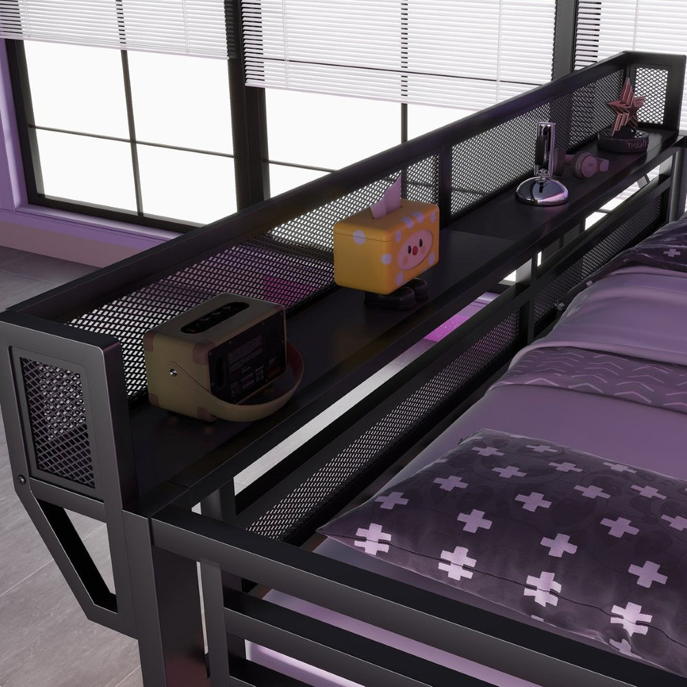 English Elm Full Metal Loft Bed with Storage Stairs Desk Charging Station and RGB Lighting W2580S00092