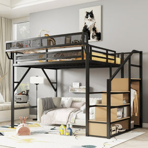 English Elm Queen Metal Loft Bed with Stair Storage Wardrobe Unit for Teens and Adults Black W2580S00093