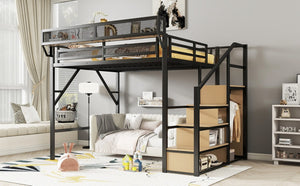 English Elm Queen Metal Loft Bed with Stair Storage Wardrobe Unit for Teens and Adults Black W2580S00093