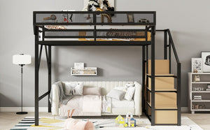 English Elm Queen Metal Loft Bed with Stair Storage Wardrobe Unit for Teens and Adults Black W2580S00093