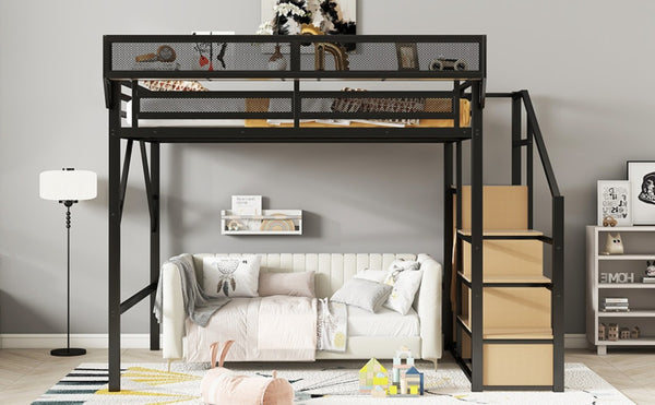 English Elm Queen Metal Loft Bed with Stair Storage Wardrobe Unit for Teens and Adults Black W2580S00093