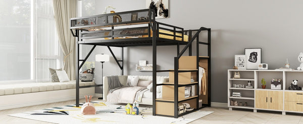 English Elm Queen Metal Loft Bed with Stair Storage Wardrobe Unit for Teens and Adults Black W2580S00093
