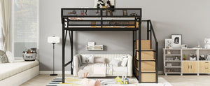 English Elm Queen Metal Loft Bed with Stair Storage Wardrobe Unit for Teens and Adults Black W2580S00093