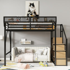 English Elm Queen Metal Loft Bed with Stair Storage Wardrobe Unit for Teens and Adults Black W2580S00093