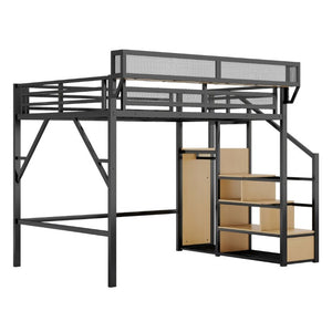 English Elm Queen Metal Loft Bed with Stair Storage Wardrobe Unit for Teens and Adults Black W2580S00093