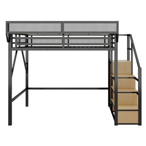English Elm Queen Metal Loft Bed with Stair Storage Wardrobe Unit for Teens and Adults Black W2580S00093