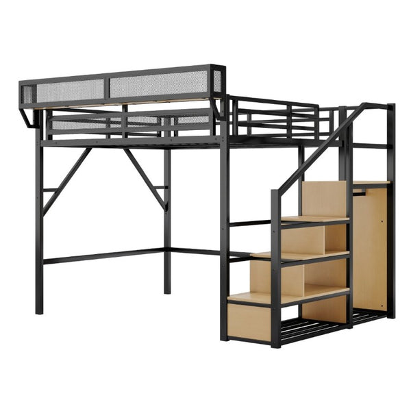 English Elm Queen Metal Loft Bed with Stair Storage Wardrobe Unit for Teens and Adults Black W2580S00093