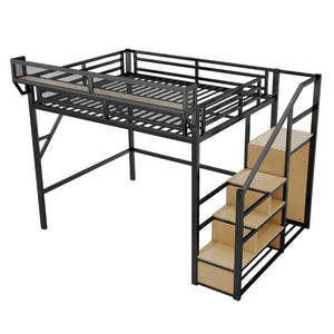 English Elm Queen Metal Loft Bed with Stair Storage Wardrobe Unit for Teens and Adults Black W2580S00093