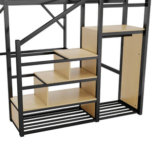 English Elm Queen Metal Loft Bed with Stair Storage Wardrobe Unit for Teens and Adults Black W2580S00093