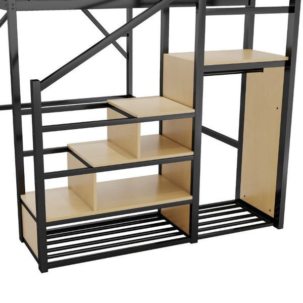 English Elm Queen Metal Loft Bed with Stair Storage Wardrobe Unit for Teens and Adults Black W2580S00093