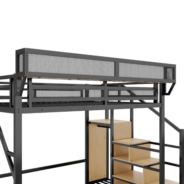 English Elm Queen Metal Loft Bed with Stair Storage Wardrobe Unit for Teens and Adults Black W2580S00093
