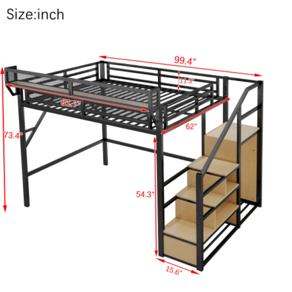 English Elm Queen Metal Loft Bed with Stair Storage Wardrobe Unit for Teens and Adults Black W2580S00093