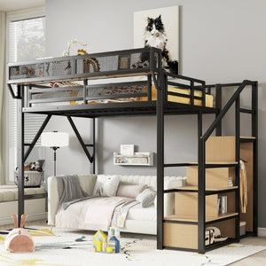 English Elm Full Size Metal Loft Bed with Staircase Wardrobe and Storage Shelf for Teen Rooms W2580S00094