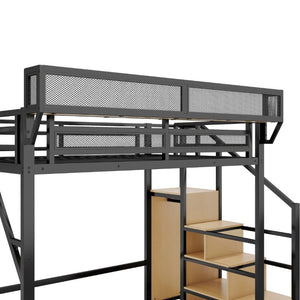 English Elm Full Size Metal Loft Bed with Staircase Wardrobe and Storage Shelf for Teen Rooms W2580S00094