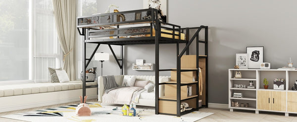 English Elm Full Size Metal Loft Bed with Staircase Wardrobe and Storage Shelf for Teen Rooms W2580S00094