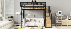 English Elm Full Size Metal Loft Bed with Staircase Wardrobe and Storage Shelf for Teen Rooms W2580S00094