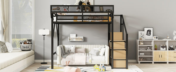 English Elm Full Size Metal Loft Bed with Staircase Wardrobe and Storage Shelf for Teen Rooms W2580S00094
