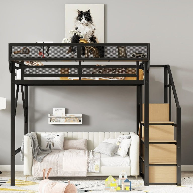 English Elm Full Size Metal Loft Bed with Staircase Wardrobe and Storage Shelf for Teen Rooms W2580S00094