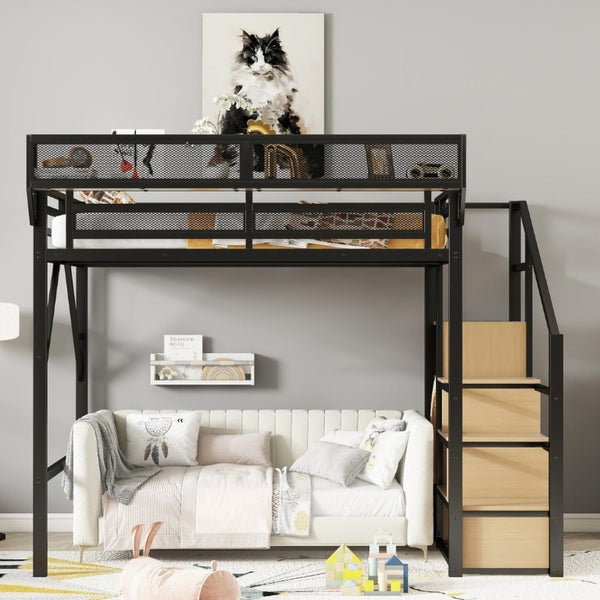 English Elm Full Size Metal Loft Bed with Staircase Wardrobe and Storage Shelf for Teen Rooms W2580S00094