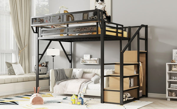 English Elm Full Size Metal Loft Bed with Staircase Wardrobe and Storage Shelf for Teen Rooms W2580S00094