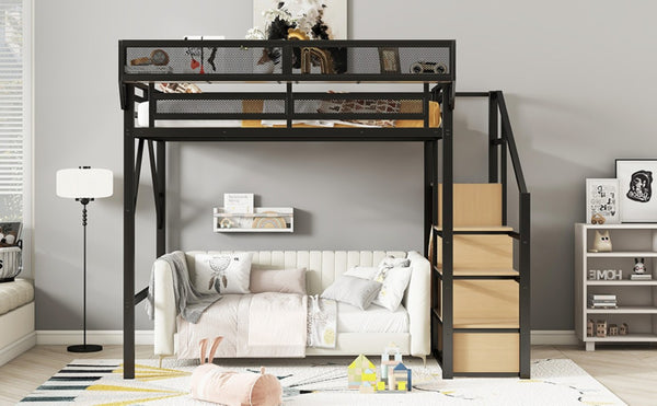 English Elm Full Size Metal Loft Bed with Staircase Wardrobe and Storage Shelf for Teen Rooms W2580S00094
