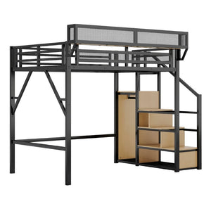 English Elm Full Size Metal Loft Bed with Staircase Wardrobe and Storage Shelf for Teen Rooms W2580S00094