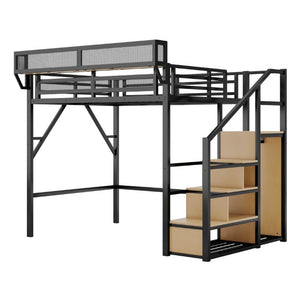 English Elm Full Size Metal Loft Bed with Staircase Wardrobe and Storage Shelf for Teen Rooms W2580S00094