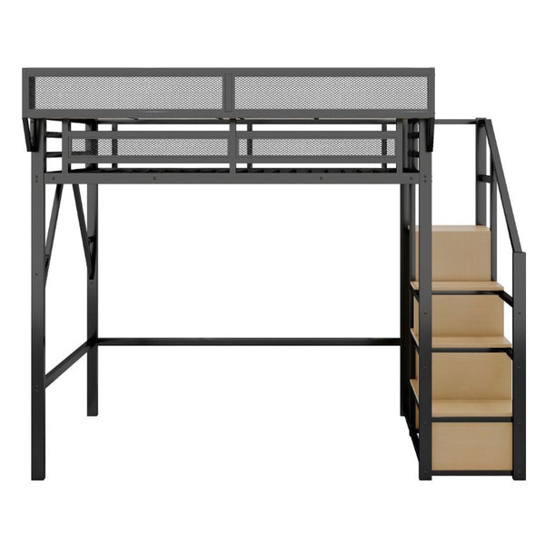 English Elm Full Size Metal Loft Bed with Staircase Wardrobe and Storage Shelf for Teen Rooms W2580S00094