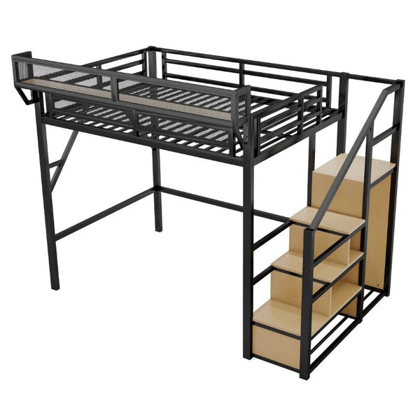English Elm Full Size Metal Loft Bed with Staircase Wardrobe and Storage Shelf for Teen Rooms W2580S00094