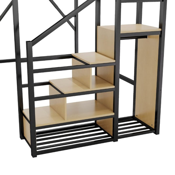 English Elm Full Size Metal Loft Bed with Staircase Wardrobe and Storage Shelf for Teen Rooms W2580S00094